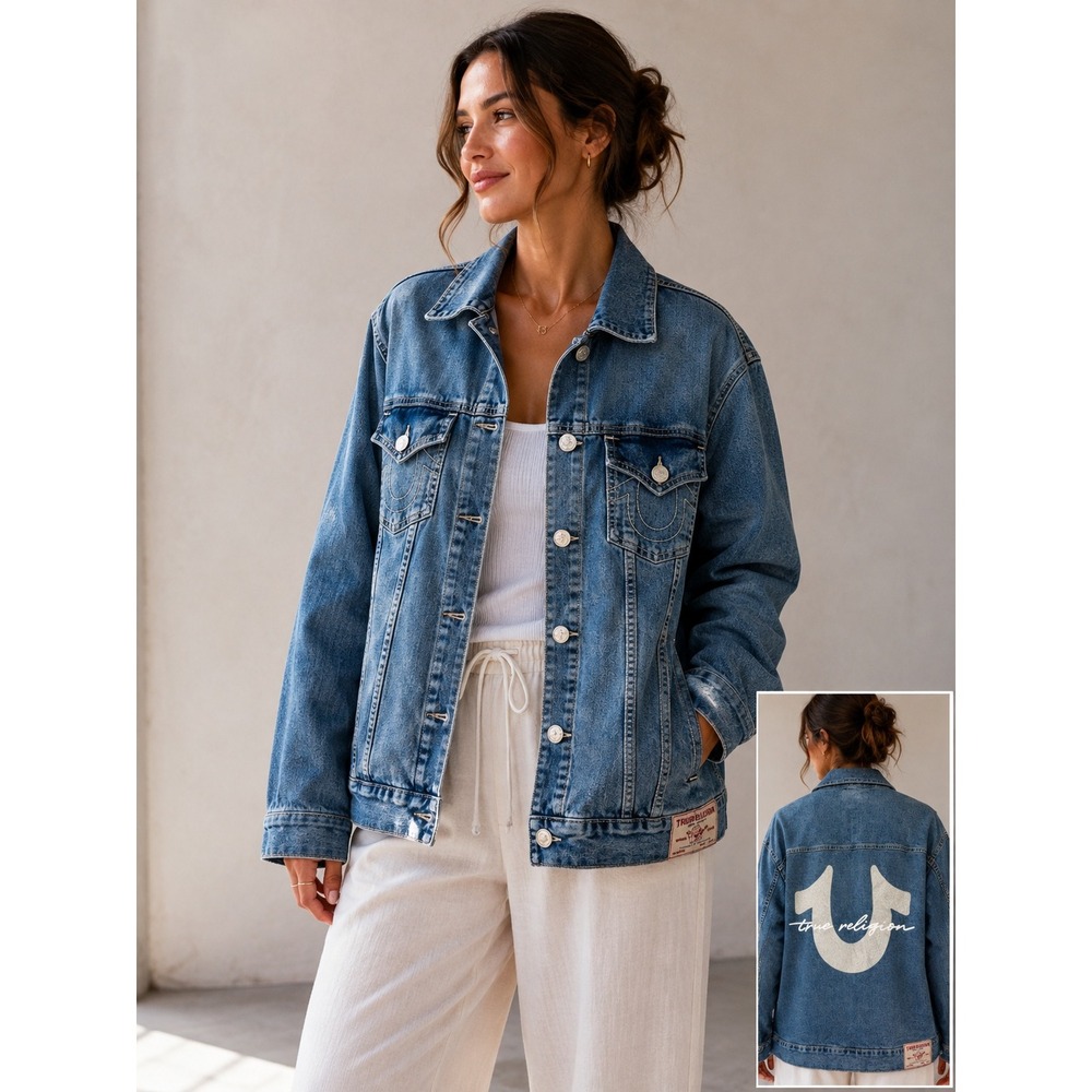 True Religion Oversized Glitter Denim Jacket Medium Wash Horseshoe Logo 600178 M